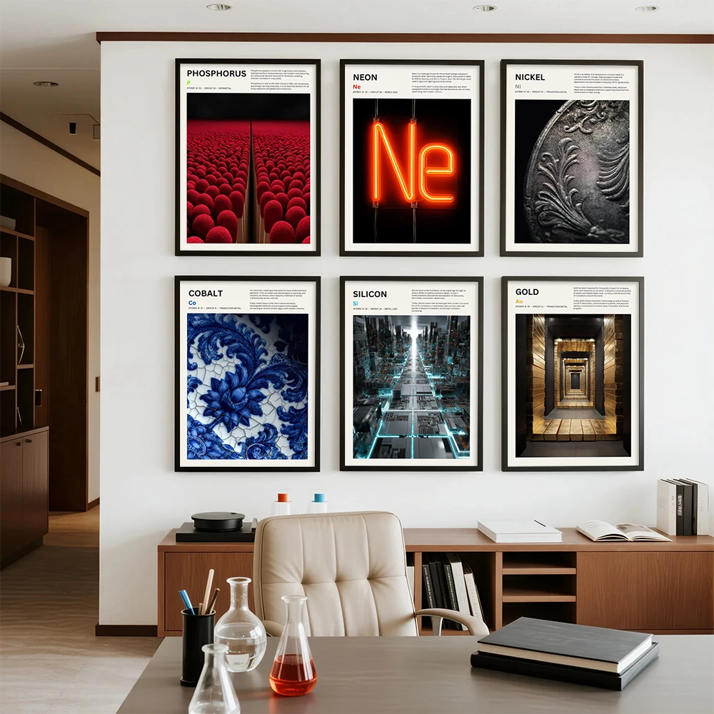 Periodic Table of Chemical Elements Art Prints Silicon Gold Neon Metal Element Science Canvas Painting Science Classroom Decor