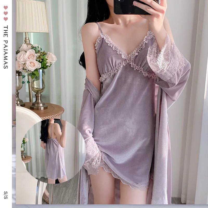 

Бархатная одежда для сна, женский сексуальный халат с кружевными ремешками, комплект из двух предметов, домашняя одежда с v-образным вырезом, зимний сезон, Новое поступление, домашняя мода