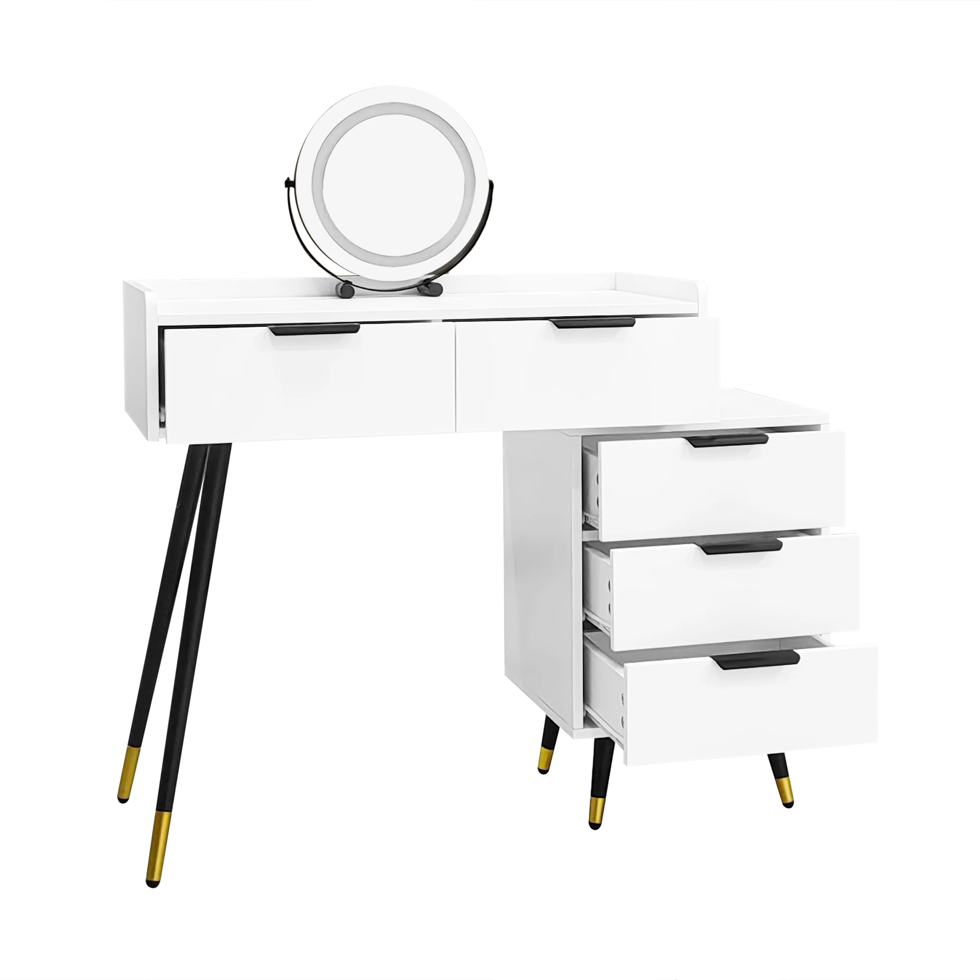 White dressing table (Without chairs), Contains extendable side cabinets, with mirror adjustable brightness, with 5 drawers, Gro