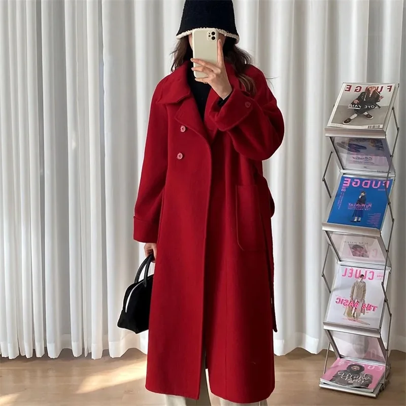 

2025 Autumn/Winter New Korean Loose Wool Coat With belt Overcoat Office Lady Double Breasted Jackets Woolen Blends Coats