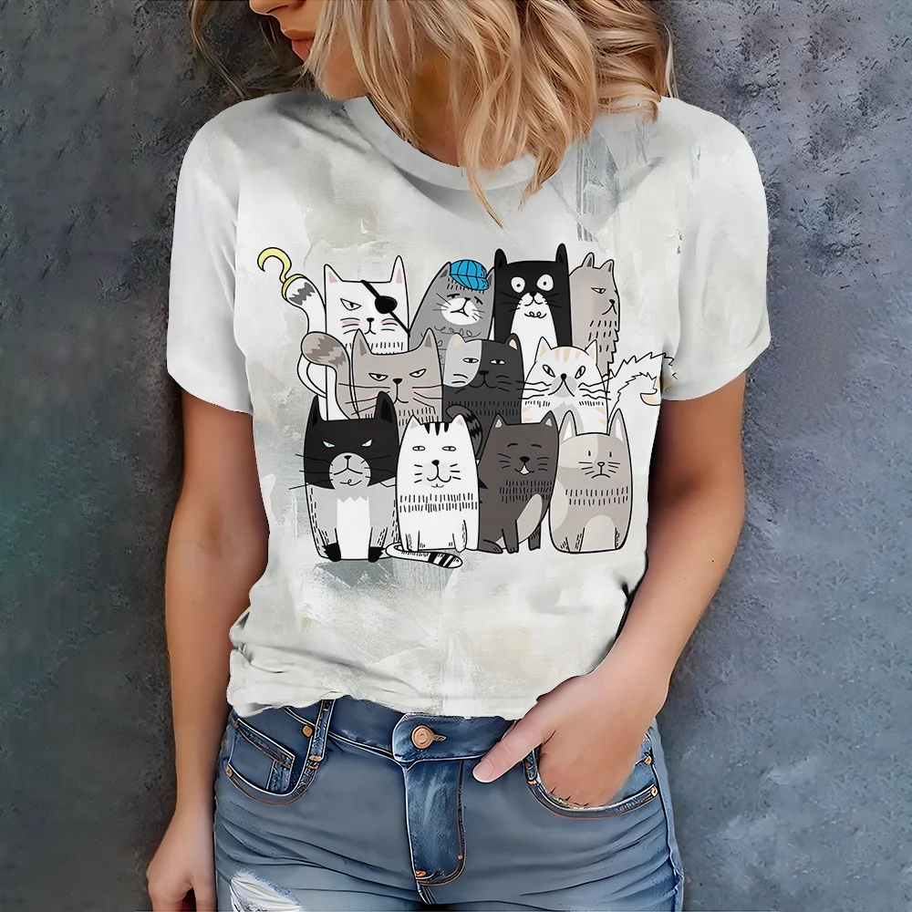

Women's cat pattern T-shirt black and white cat print fashionable and versatile, light color -2025 summer new product