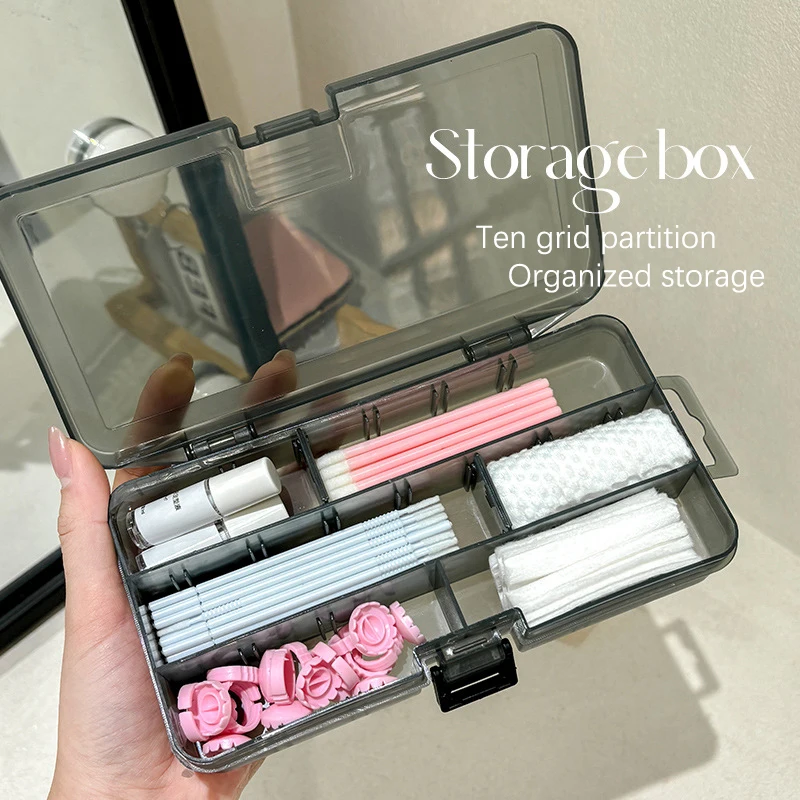 Boîte de rangement transparente avec couvercle, rectangulaire, verticale, 10 compartiments, pour extensions de cils, colle, pinces, organisateur de maquillage