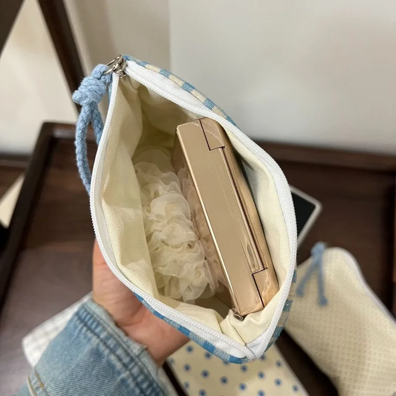 

Women's Light Blue Polka Dot Stripe Plaid Cotton Fabric Coin Purse Card Holder Sanitary Napkin Earphone Lipstick Storage Pouch