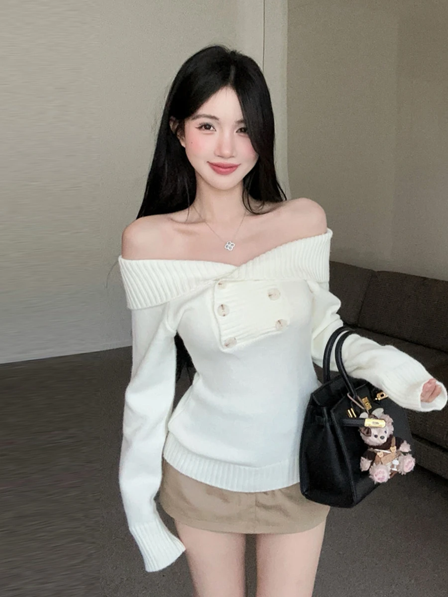 Korean Style Soft One Shoulder Double Button Knitted Long Sleeve Top Slimming Base Layer Sweater Simple Versatile Base Shirt