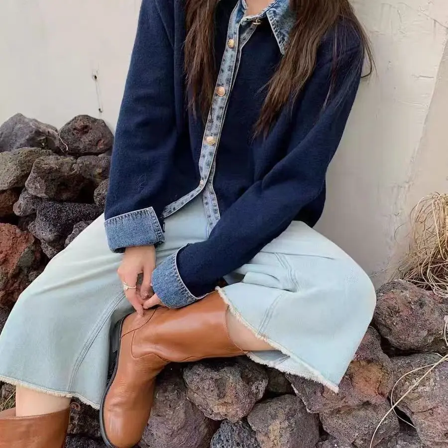 

Design Patchwork Denim Knit Cardigan Soft Sweater Women's Coat Lapel Outerwear Autumn Spring New Casual Versatile Top Jacket