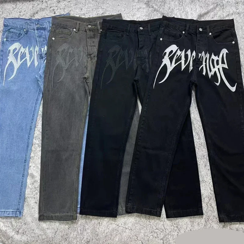 Real High StreetStraight Barrel Jeans Washed Do Old Embroidered Letter LOGO Hip Hop Tooling Men Clothing