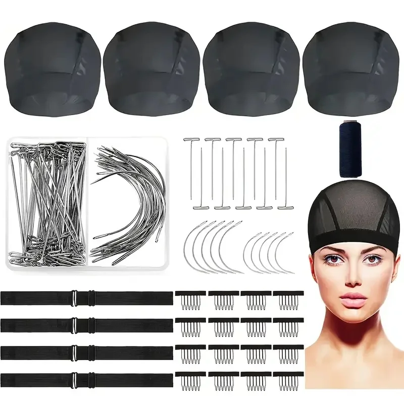25 قطعة مجموعة مستلزمات صناعة الشعر المستعار للجنسين قبعات شبكية قابلة للتمدد للبالغين مع إبر خيط النسيج ومشابك مشط وأربطة قابلة للتعديل #1