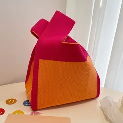 Borsa da polso estiva fatta a mano in maglia da donna Mini nodo borsa da polso riutilizzabile per studenti Tote scozzese a righe larghe di colore Casual femminile