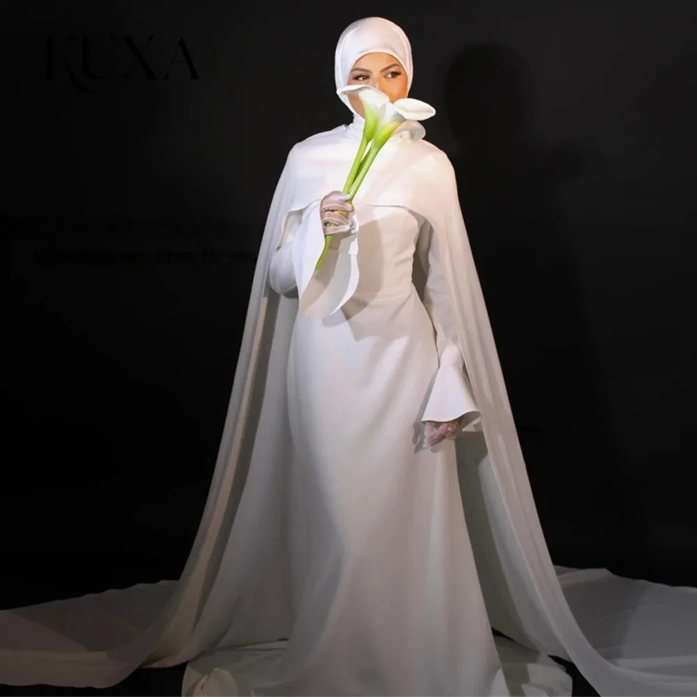 KUXA Maßgeschneiderte bescheidene muslimische Brautkleider mit Cape-Brautkleid mit langen Ärmeln, weiße Brautkleider für die Zivilbraut der Frau