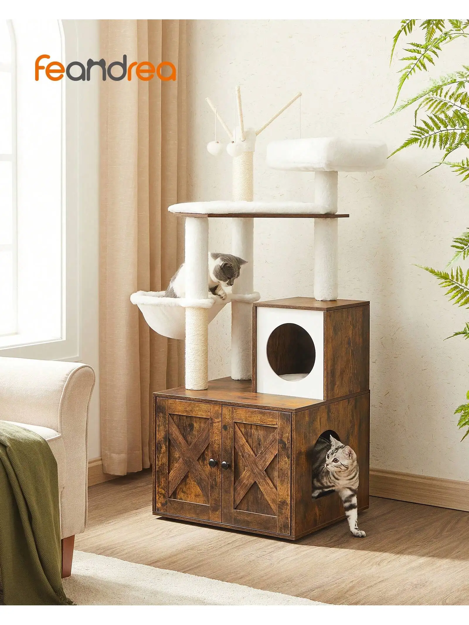 Feandrea WoodyWonders Cat Tree: Modern 2-in-1 Tower with Litter Box, Scratching Posts, Pompom Sticks, Washable Cushions, Greige.