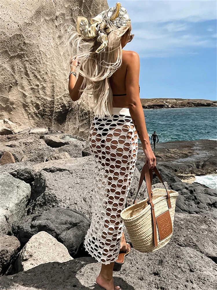 Tossy Summer Hollow Out White Maxi Skirt Female Holiday Beach High Waist Patchwork Fashion Long Skirt Women Swimwear Maxi Skirt