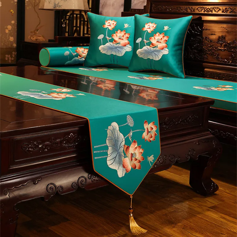 

New Chinese Style Retro Table Runner Luxury Zen Coffee TV Cabinet Table Clothr Lotus Embroidery Long Strip Table Flag