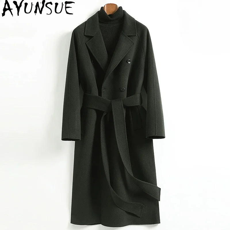 

AYUNSUE High-end 100% Wool Jacket Winter 2026 Double-sided Woolen Man Long Coat with Belt Fashion Loose Wool Coats and Jackets