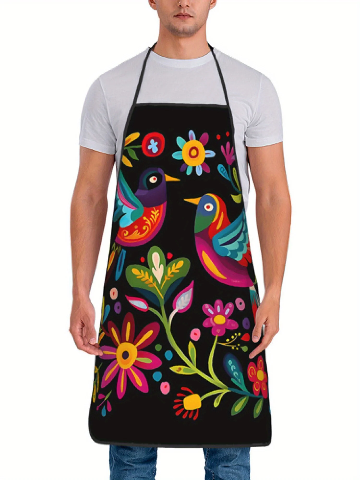 Mexican Retro Folk Art Apron  Colorful Bird & Floral Print, Durable Fabric for Cooking, Restaurants & Home Kitchen,Cultural Gift