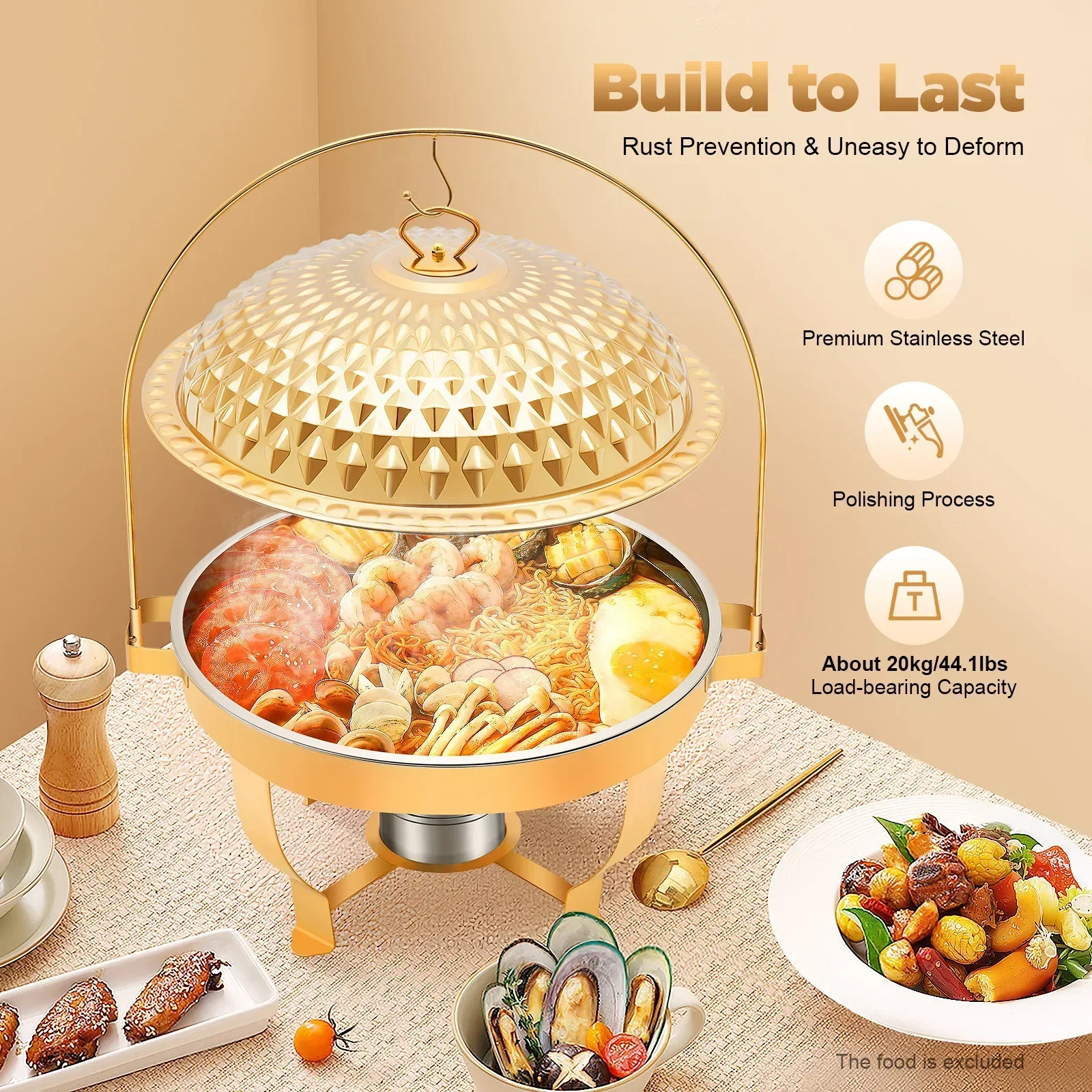 

NEWEST Chafing Dishes for Buffet, 8.5Qt /8L Stainless Steel Round Buffet Chafer, Gold Hanging Lid Dining Stove, Buffet Server