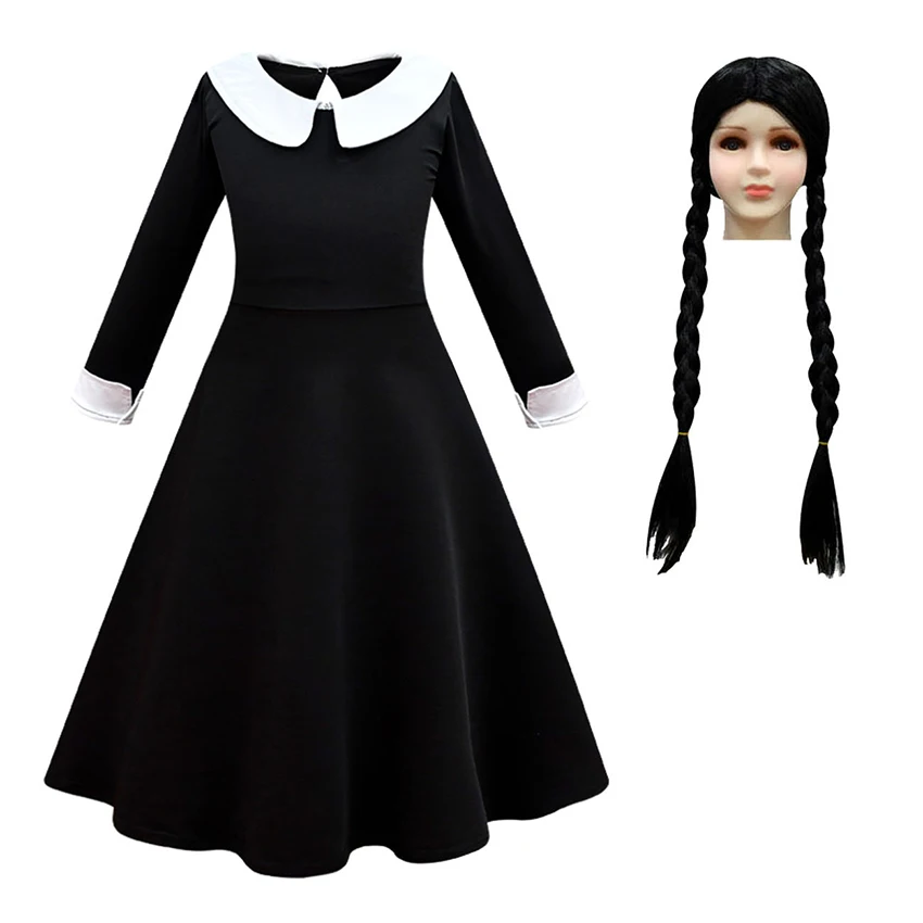 Gotycka Wednesday Addams księżniczka sukienki dla dziewczynek Lolita Halloween kostiumy dla dzieci Cosplay Anime spódnica peruka Fantasia Party Dress