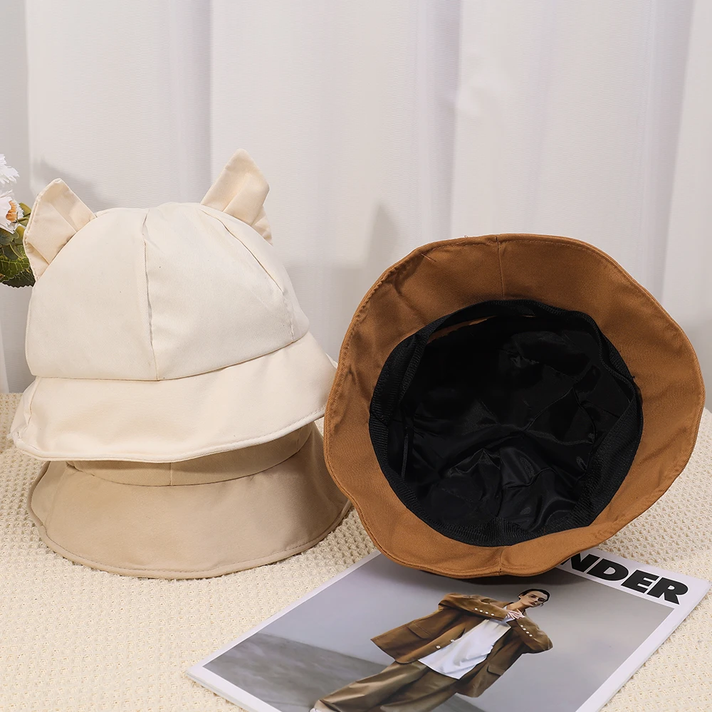 Women Cute Cat Ears Bucket Hat Summer Spring UV Protect Sunshade Foldable Fisherman Panama Y2K Hip-Hop Street Caps Girls Boys