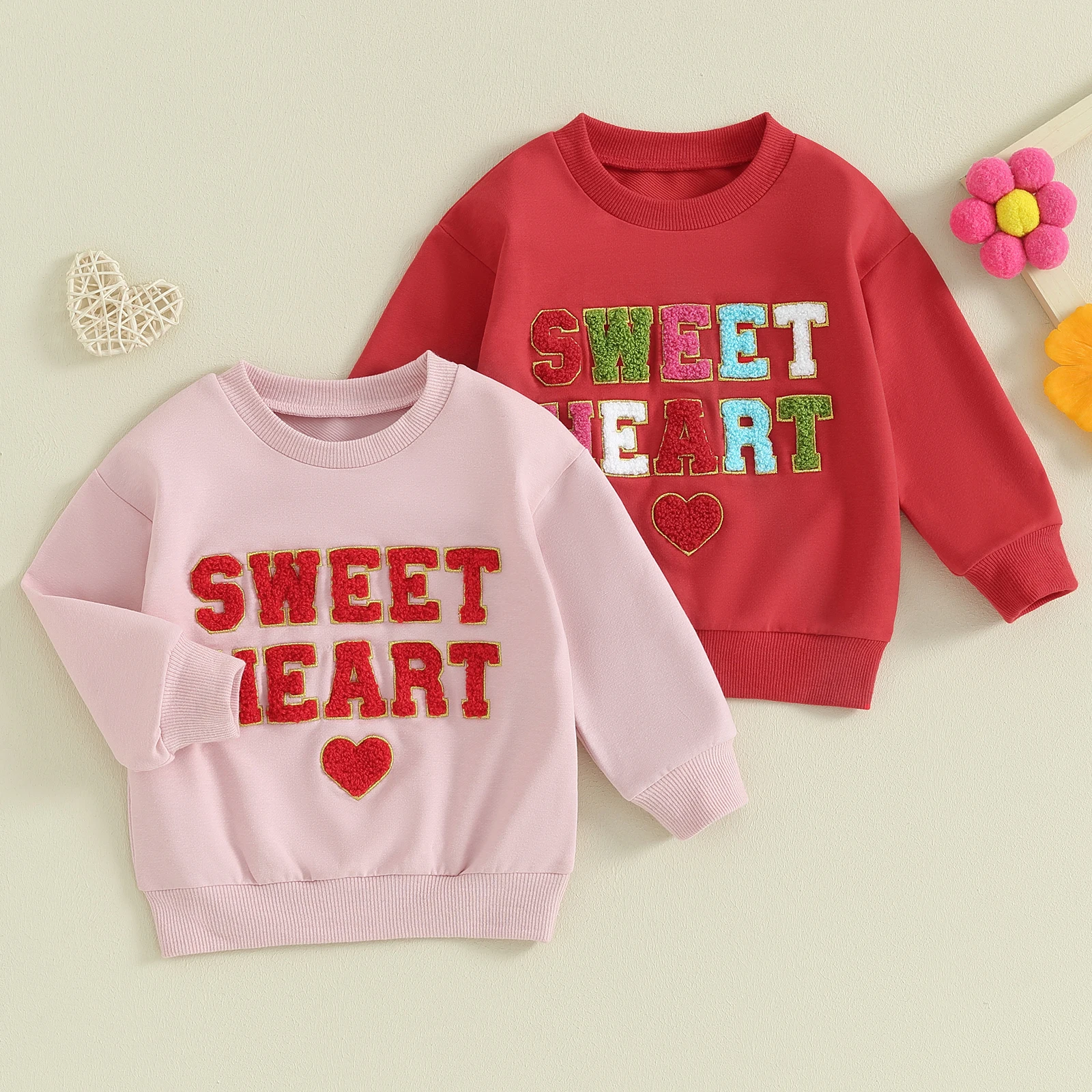 Toddler Girls Valentine's Day Sweatshirts Long Sleeve Crewneck Letter Heart Embroidery Pullover Sweatshirts Tops 2025