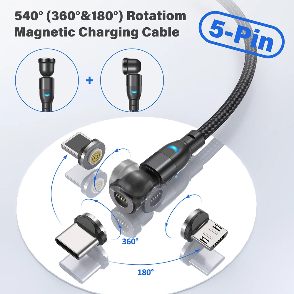 AUFU 540 회전 마그네틱 케이블 3A 고속 충전 마이크로 USB C 타입 케이블, 아이폰 샤오미 삼성 자석 충전기 와이어 데이터 코드