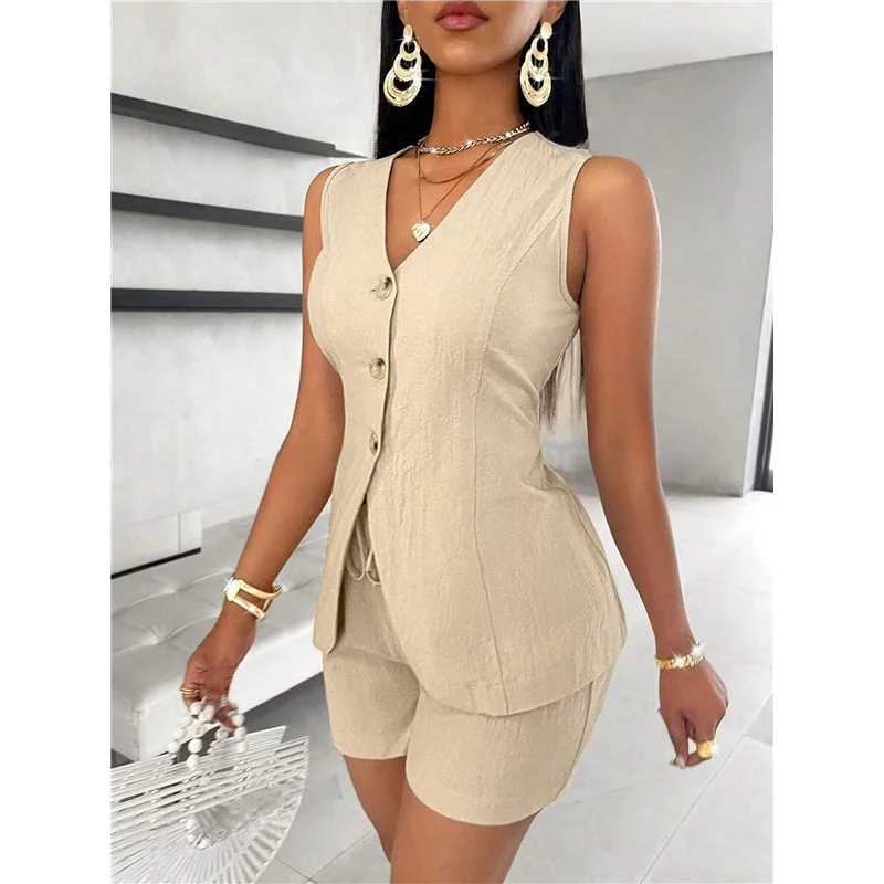 NEW-Women's Summer 2 Piece Outfits Sleeveless Matching Sets Button Down V Neck Vest Waistcoat And Pockets Shorts
