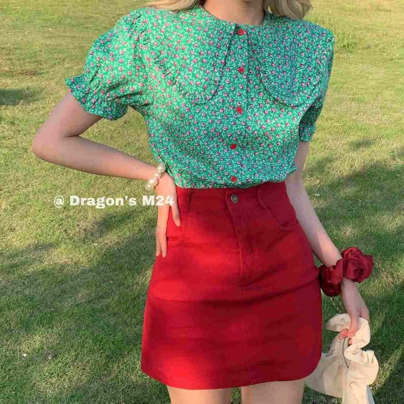 Vintage Floral Button Loose Shirt Tops Summer New High Waist Solid Color All-match Short Skirt Fashion Sweet Women Clothing