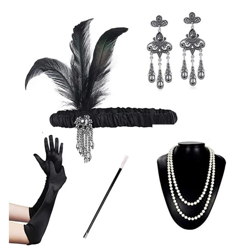 Y5GC 1920s dansers geweldige accessoires ingesteld voor dames flapper kopstuk hoofdband vintage parels kettinghandschoenen