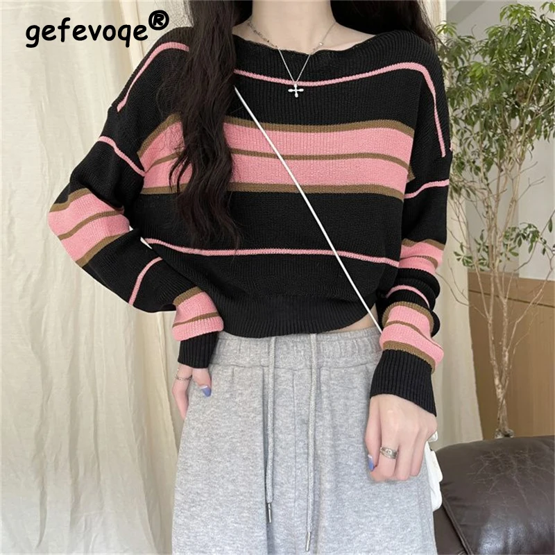 

Women Trendy Striped Patchwork Chic Kawaii Knitted Sweaters Y2K Female Casual Streetwear Long Sleeve Loose Pullover Tops Jumpers