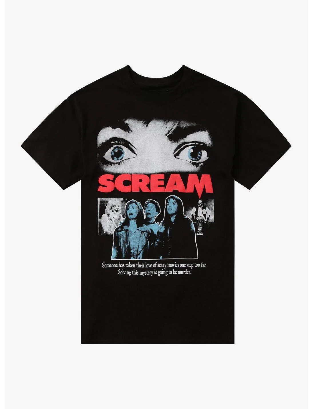 Camiseta com estampa do cartaz do filme Scream, feita em algodão, com design gráfico, impressão de alta qualidade, estilo luxuoso e unissex, para home