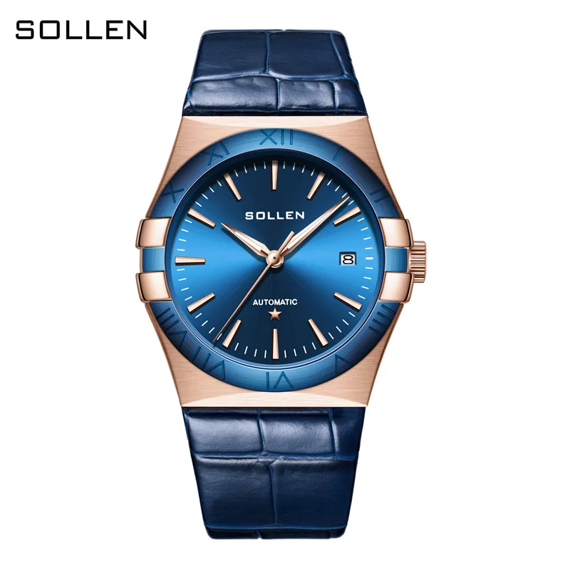 SOLLEN العلامة التجارية الفاخرة اليابان ميوتا حركة التلقائي الميكانيكية ساعات رجالية مضيئة مقاوم للماء موضة تاريخ السيارات ساعة جلدية