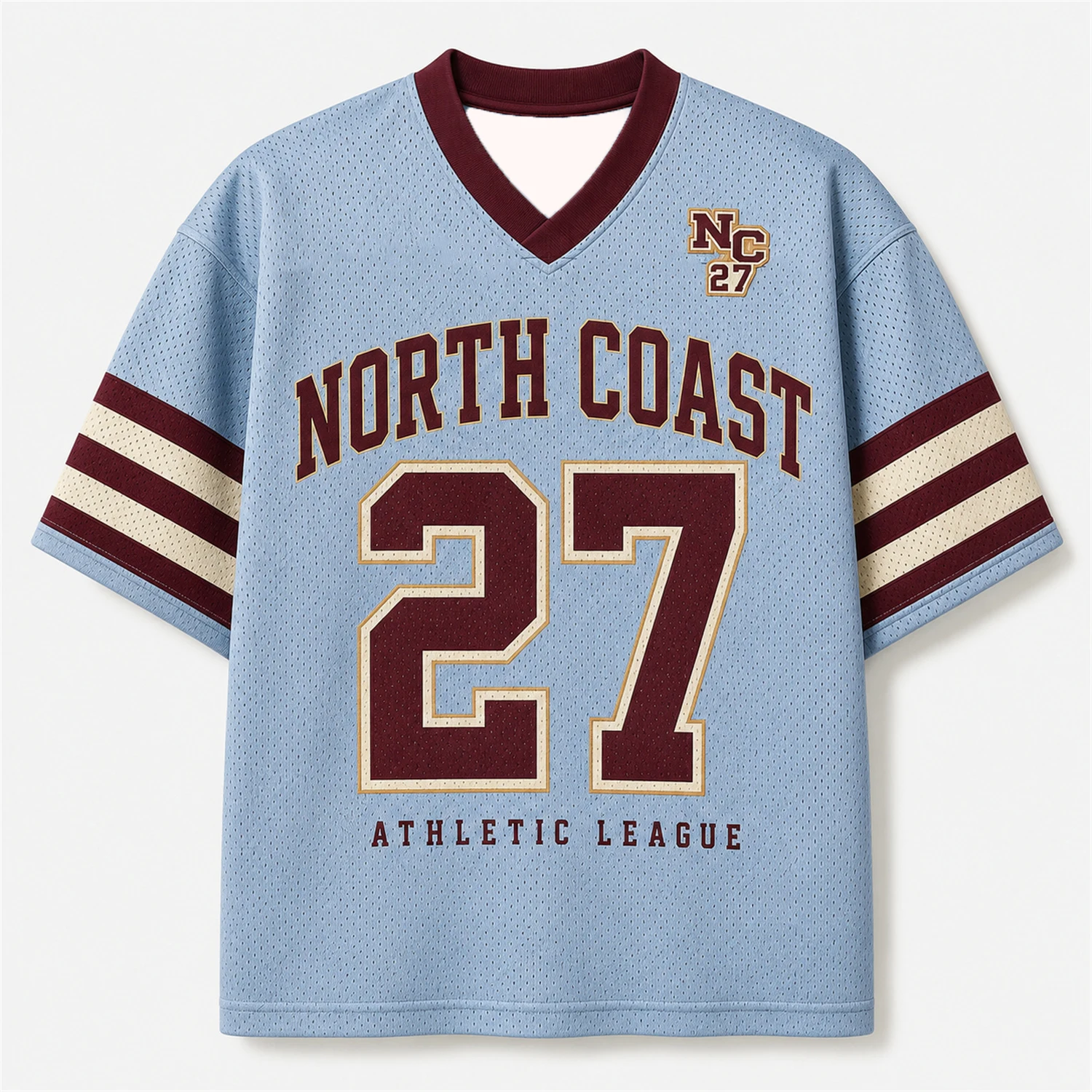 North Coast 27 Athletic League Light Blue Mesh V‑neck Short Sleeve Football Jersey Casual Street Sports Top For Men Women
