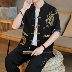 (Shirt + Broek) zomer Mode Mannen Shirt Katoen En Linnen Shirts Heren Hoge Kwaliteit Casual Shirts Tweedelige M-5XL