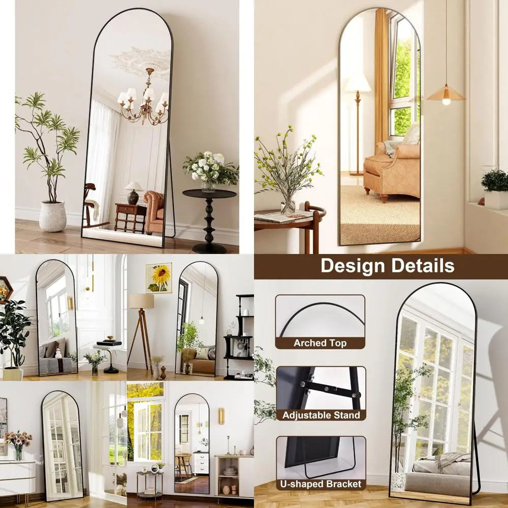 Espelho de estrutura de liga de alumínio de comprimento total montado na parede arqueado para banheiro, sala de estar e quarto