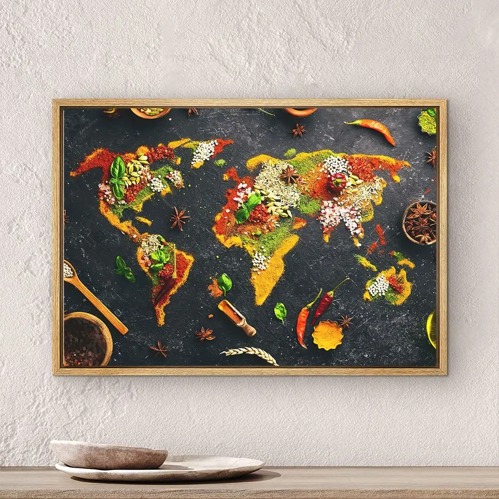 Mapa del mundo, imágenes de especias y condimentos, impresiones, cuadro sobre lienzo para pared, obra de arte del mapa para decoración del hogar, sala de estar, decoración de cocina