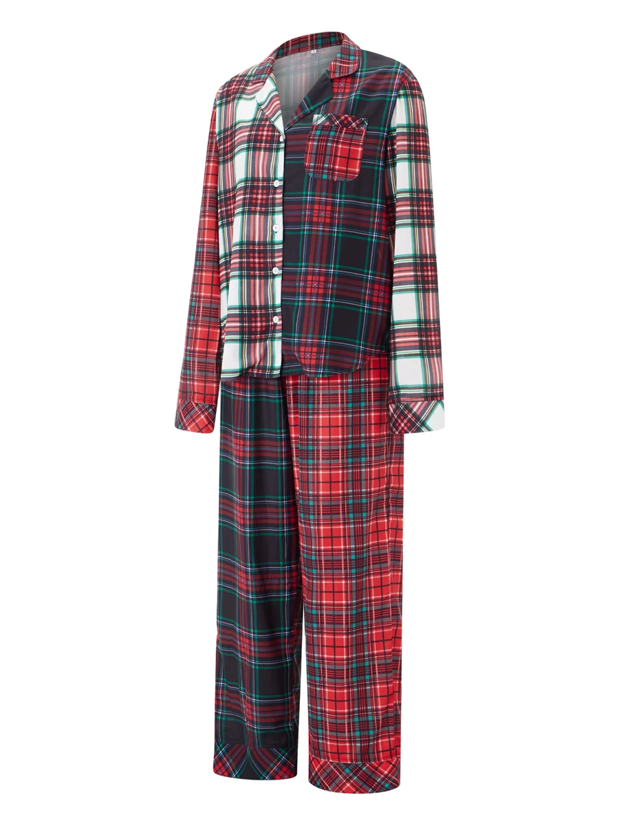 Women s Checkered Pajama Set with Long Sleeve Button-up Shirt and Elastic Waistband Pants for a Cozy 2-Piece Sleepwear Ensemble