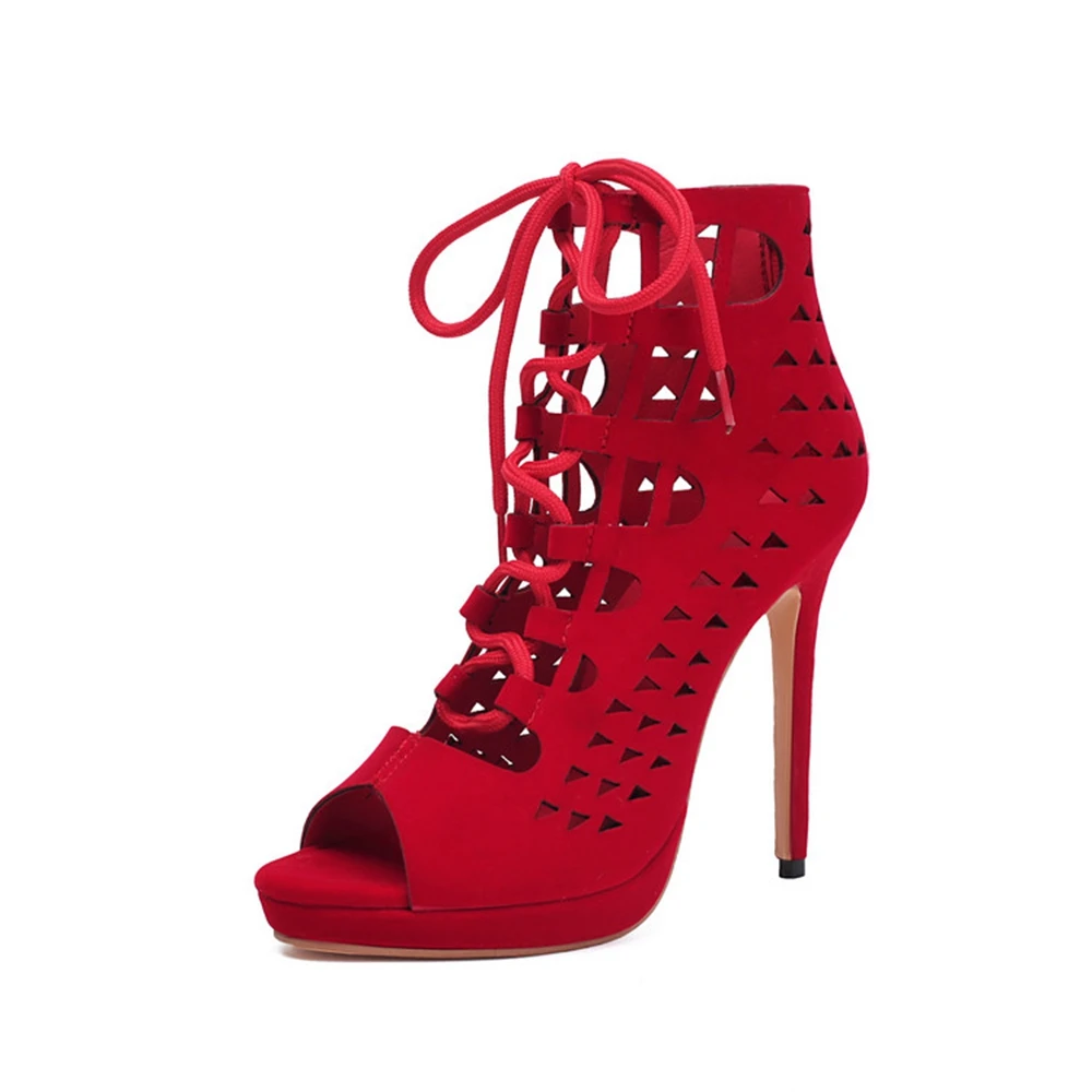 

Women Cutout Lace-Up Platform Stiletto Sandals Back Zipper Ankle Booties Open Toe Party Shoes Red Black Plus Size 31-52 576-6