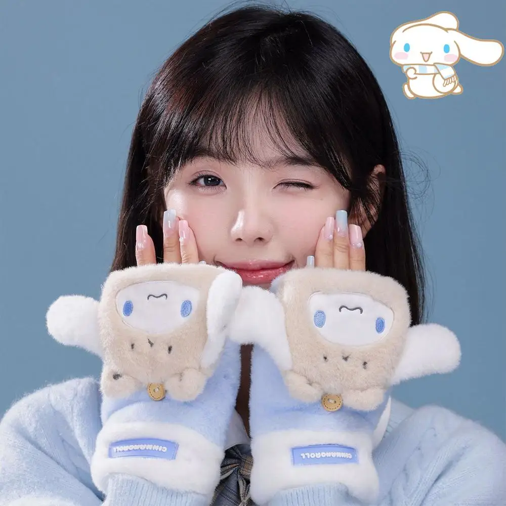 Kawaii Winter Plush Gloves Cinnamoroll Kuromi Sanrio My Melody Flip Fingerless Half-Fingered Gloves Soft Cute Girl Festival Gift