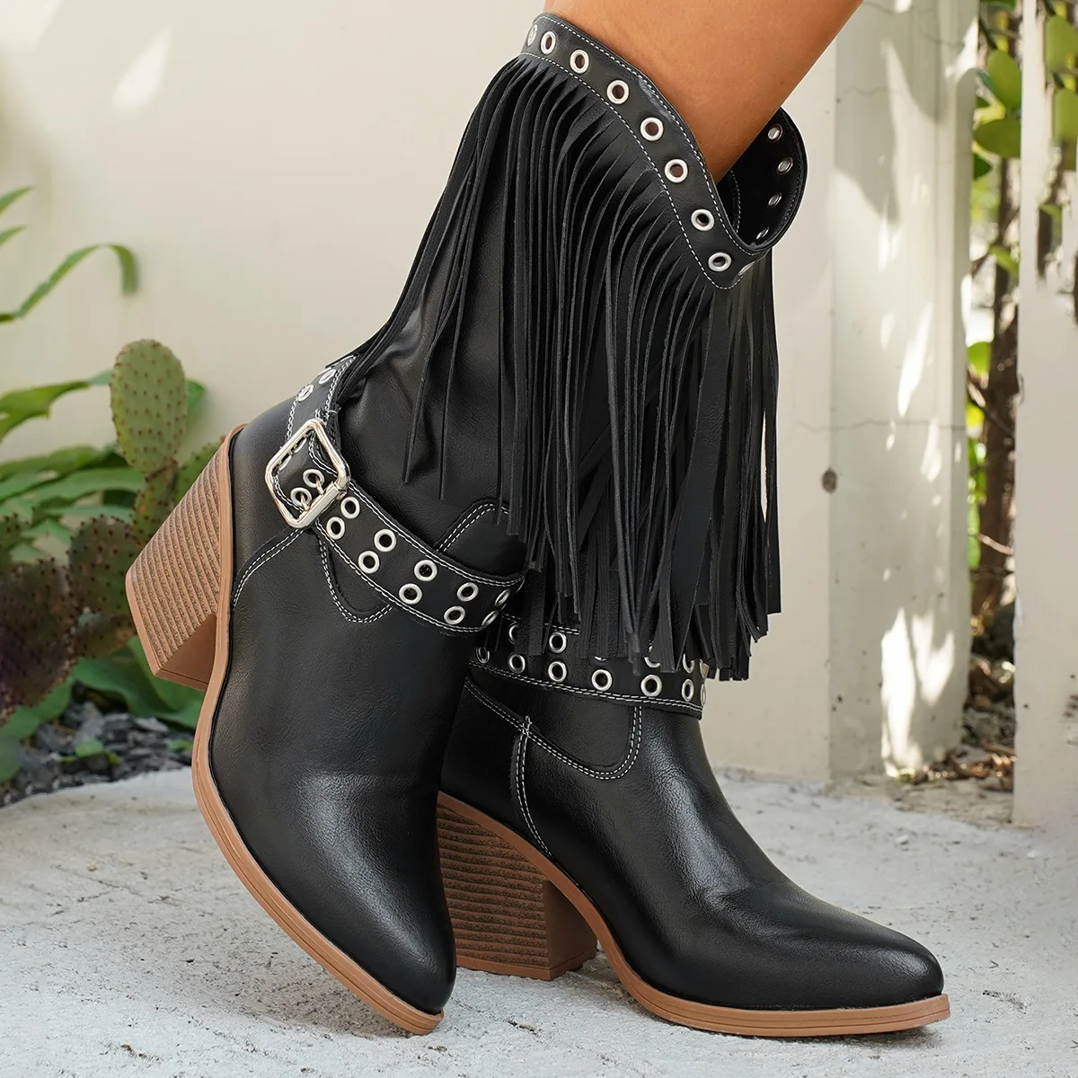 

Women's British-style plus-size high-heeled fashion boots, autumn belt buckle tassels, pointed toe, western mid-calf boots