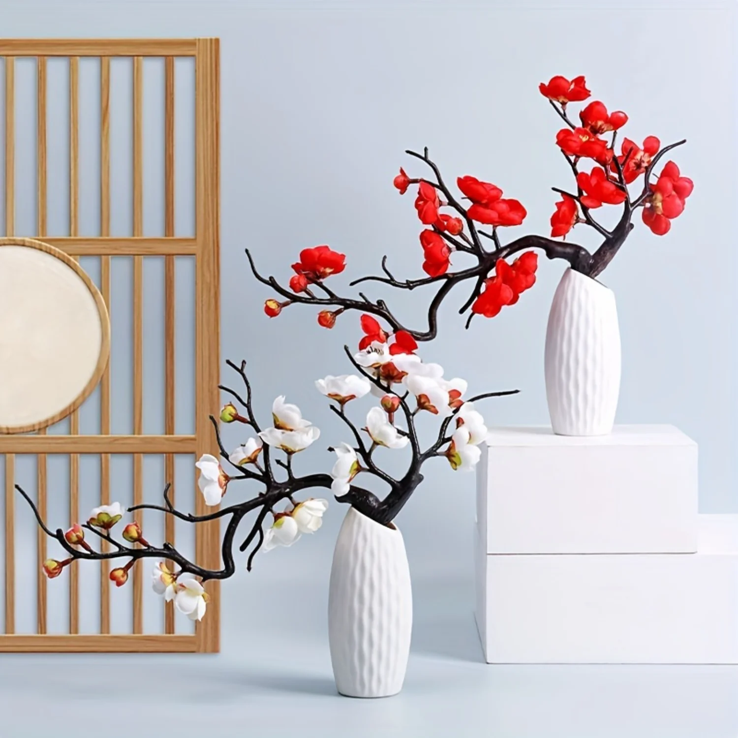 Chinese Style Artificial Plum Blossom Branches with Vase - Faux Flowers for Living Room Decor