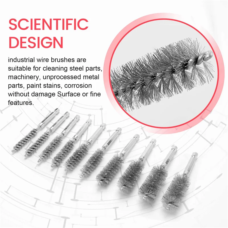 A45M-Bore ชุดแปรง-1/4 นิ้ว Hex Shank Twisted Wire Bore แปรงที่แตกต่างกันขนแปรงความยาวสําหรับหลอดพอร์ตแบริ่งทําความสะอาด