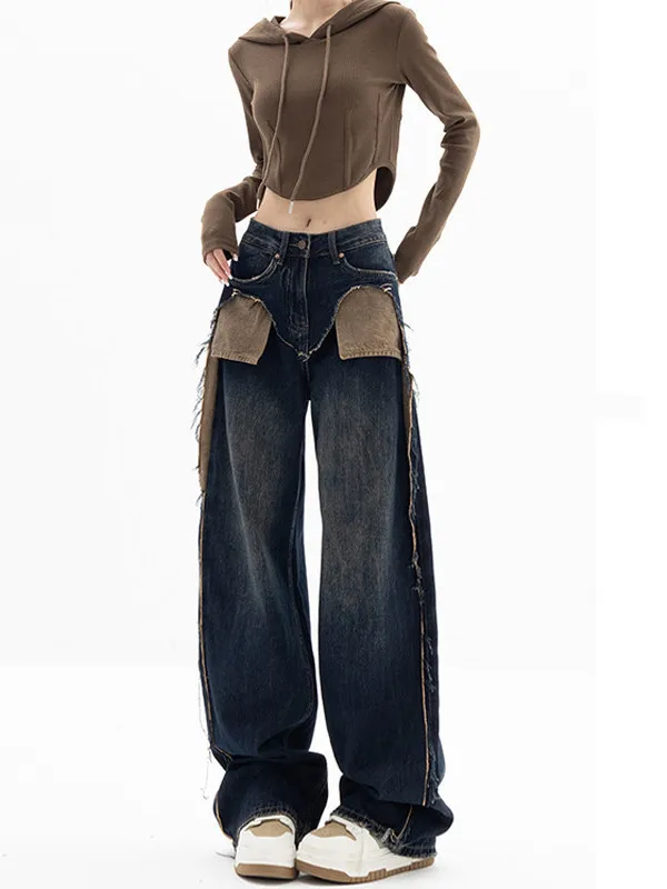 

Ретро джинсы с высокой талией и широкими штанинами, синие, женские, из искусственной кожи, прямого кроя, для среднего возраста, больших размеров, средней эластичности