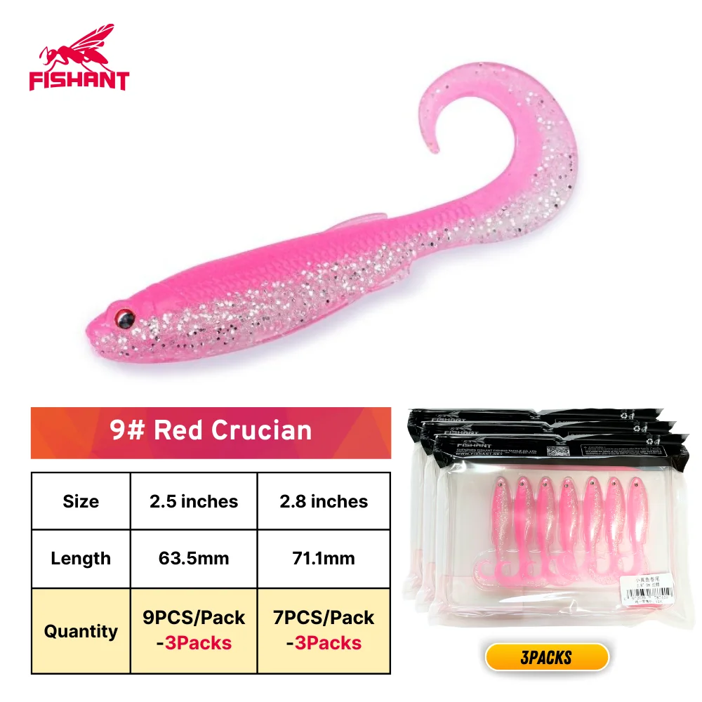 FISHANT Kleine echte vis met gekrulde staart, zacht kunstaas - Zinkend 2,5"(9PCS)/2,8"(7PCS) 3/5 pakjes, baarsaas voor Texas/Drop Shot/Ned Rig
