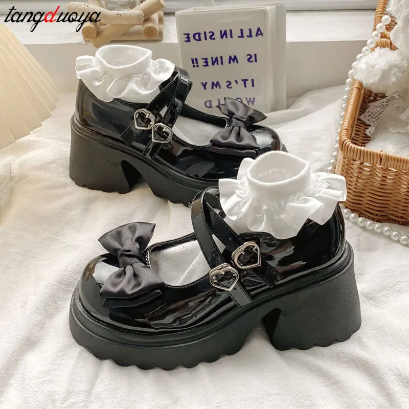 Lovely Lolita Shoes for Women Sweet Bowtie Platform Mary Janes shoes Woman college style Jk Uniform shoes Pu Leather Flats 2024