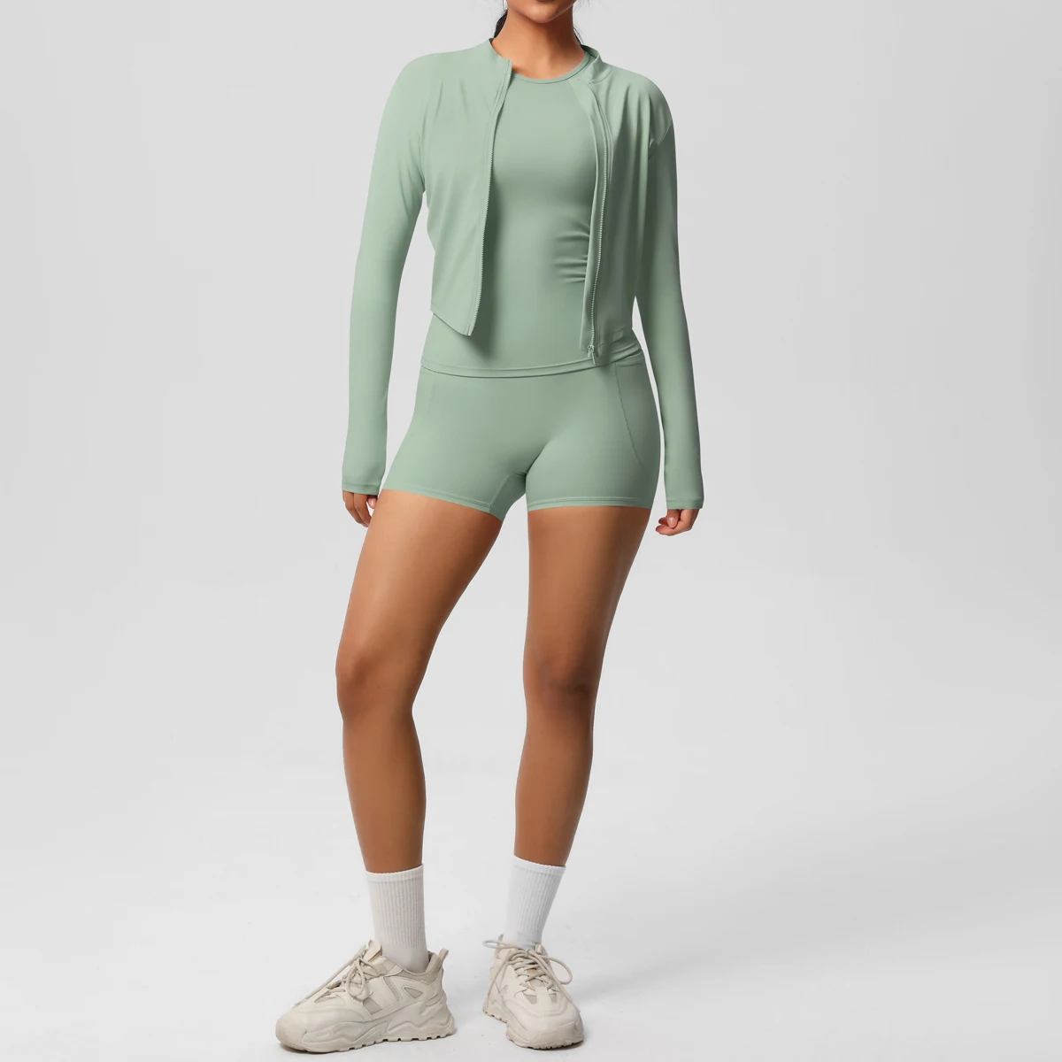 

3PCS Woman Yoga Set Slim Long Sleeves Zipper Jacket Solid Color Quick Drying Hip Push Up Yoga Shorts With Pocket Sports Yoga Set