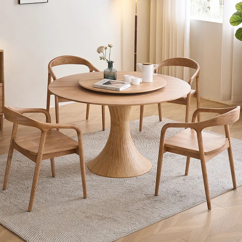 

Nordic ash wood rock slab round dining table small apartment retro simple household small waist belt turntable solid wood round
