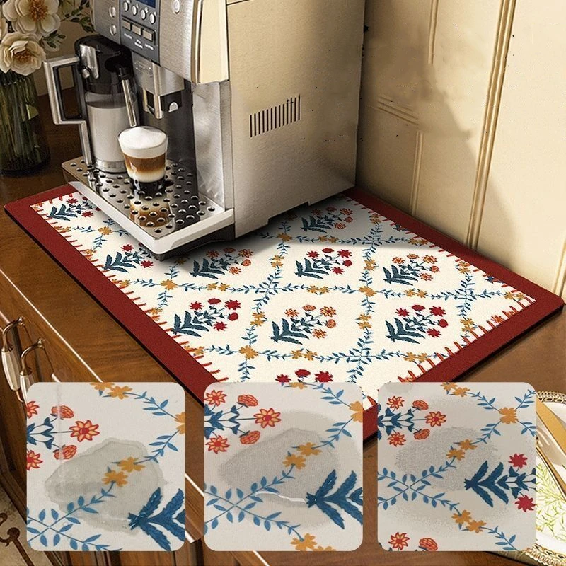 Diatom Mud Kitchen Drain Pad Bohemia Quickly Dry Coffee Bar Mat Dish Drying Mat Hide Stain Rubber Tableware Pad Easy To Clean