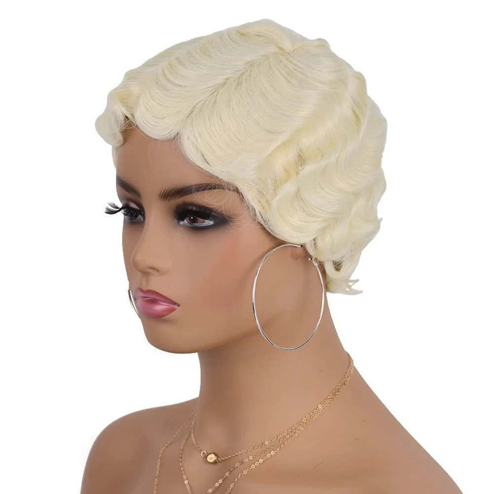 Synthetische Finger Wave Perücke leimlos tragen und gehen Perücke kurze lockige Perücken für Frauen Nuna Perücke Cosplay Halloween Party täglichen Gebrauch