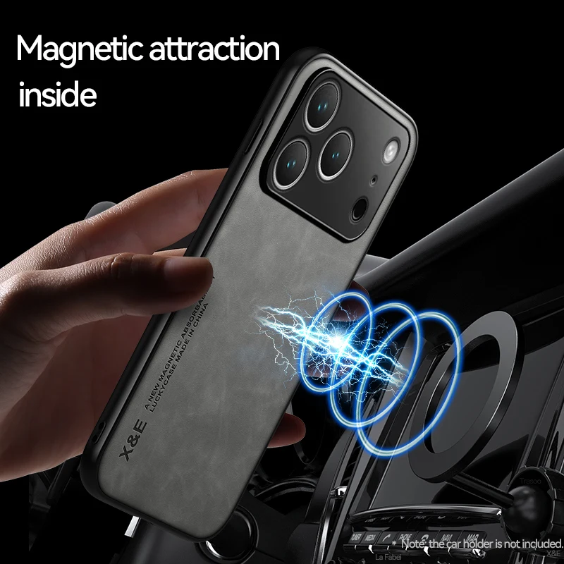 Leather Magnetic Car Holder Silicone Soft Phone Case for IPhone Air 17 Pro Max Full Lens Protection Back Cover Phone Cases