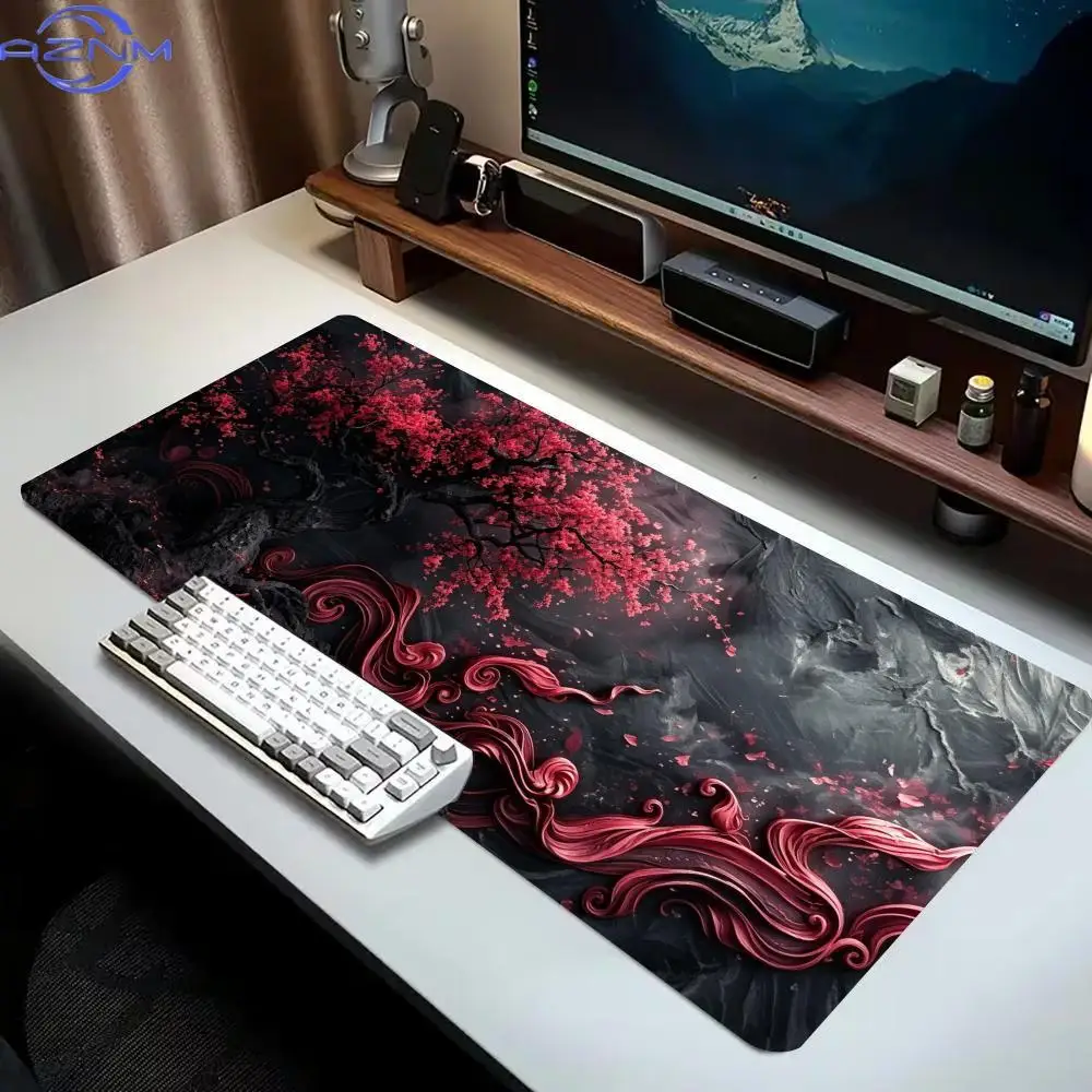 Oversized Gaming Desk Mat Red Dragon Plum Ink Print Non Slip Rubber Lock Edge Pad For Laptop Office Desktop Stuff