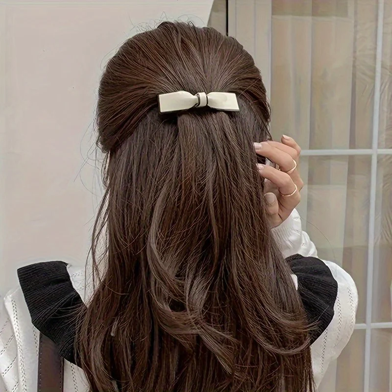 Elegant Acrylic Hair Clips with Bow Design - Oblong Shaped Solid Color Barrettes for Women
