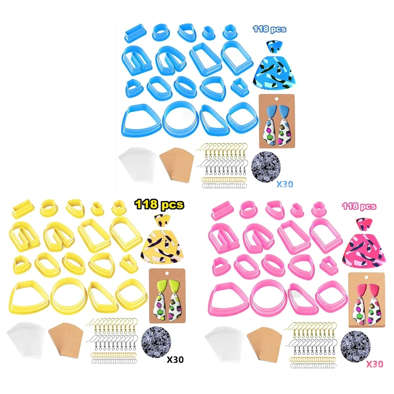 

118 PCS Plastic Clay Cutters with Earring Hooks Jump Rings Earring Cards for Plastic Earring Jewelry Making Blue Yellow